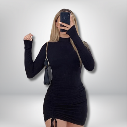 Jany - Chic High Neck Mini Dress in Solid Color