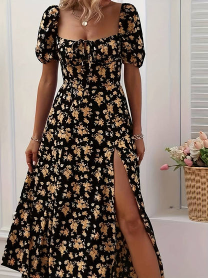 Neema - Elegant Floral Dress with Chic Puff Sleeves and Stylish Slit