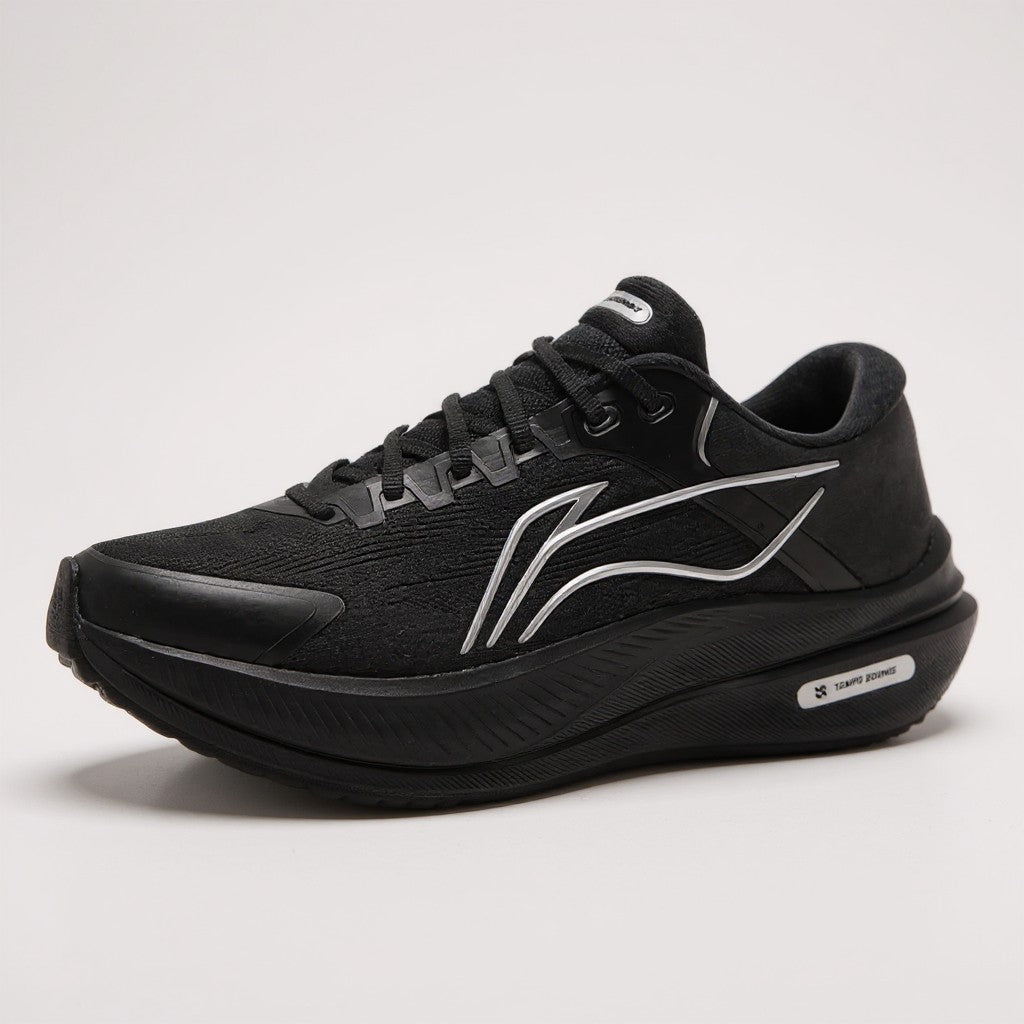 AeroStride™ Tempo Bounce Cushion Running Shoes – All-Black Reflective Performance Sneakers