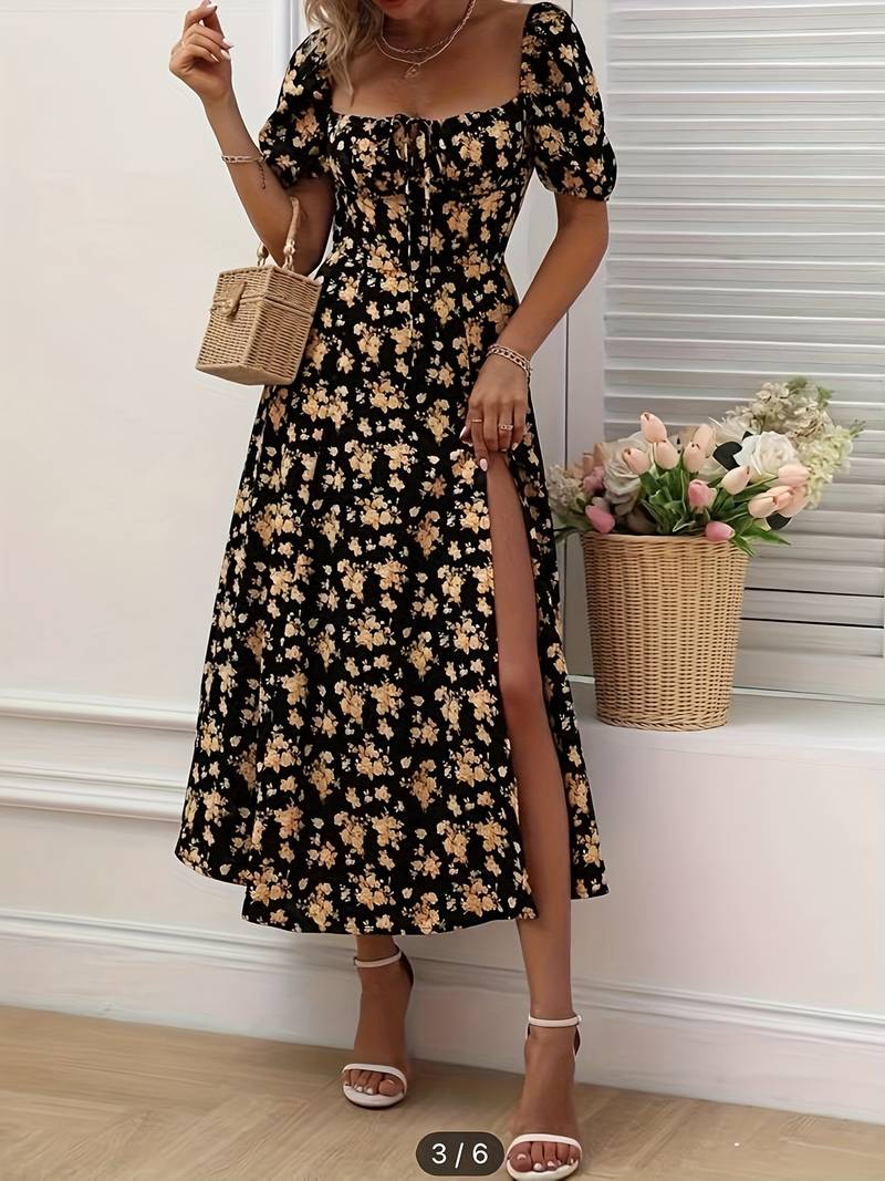 Neema - Elegant Floral Dress with Chic Puff Sleeves and Stylish Slit