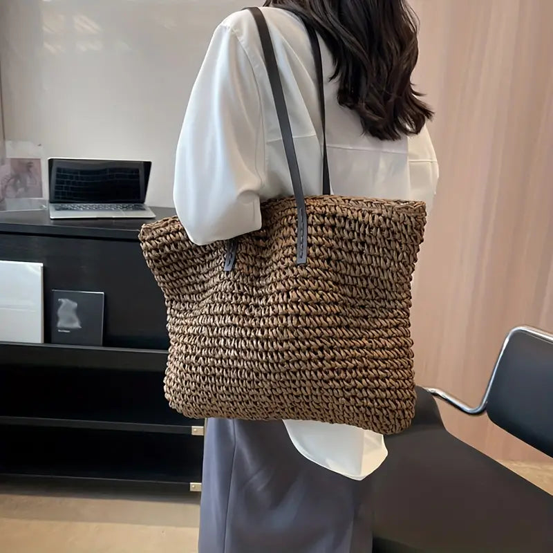 Stylish Woven Tote Bag with Elegant Leather Straps