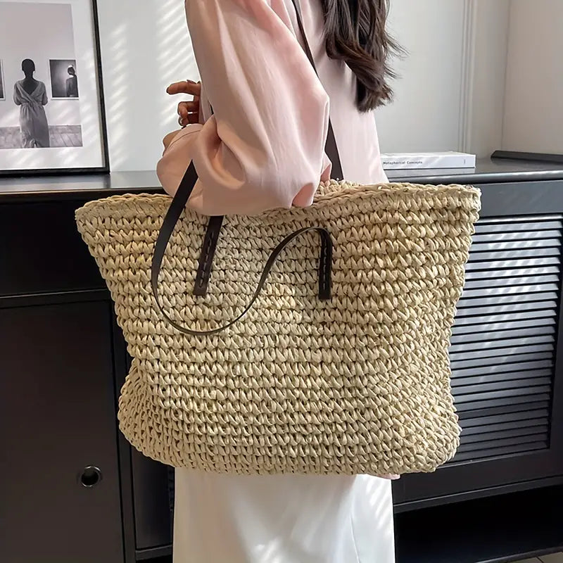 Stylish Woven Tote Bag with Elegant Leather Straps
