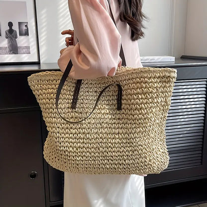 Stylish Woven Tote Bag with Elegant Leather Straps