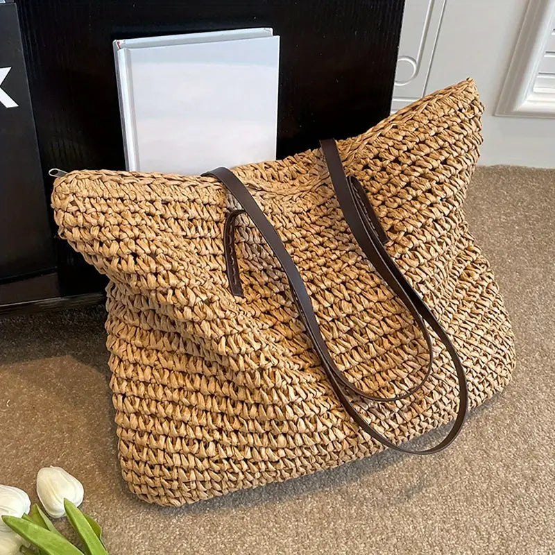Stylish Woven Tote Bag with Elegant Leather Straps