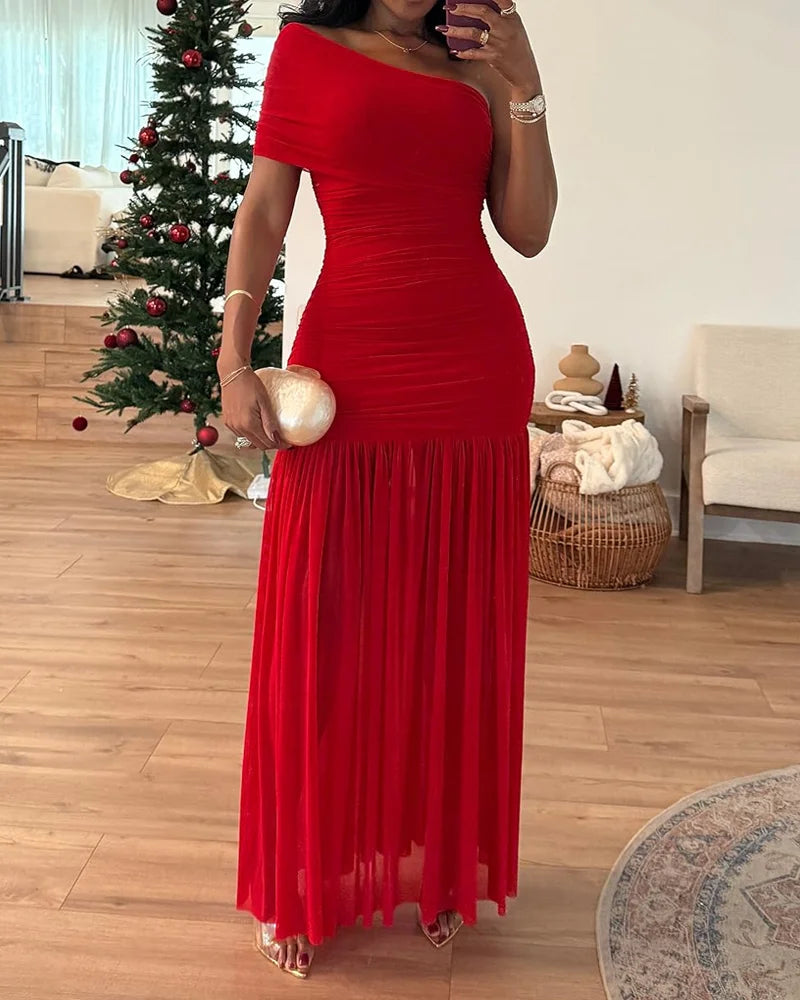 Solavie® – One Shoulder Waist-Defined Solid Color Midi Dress