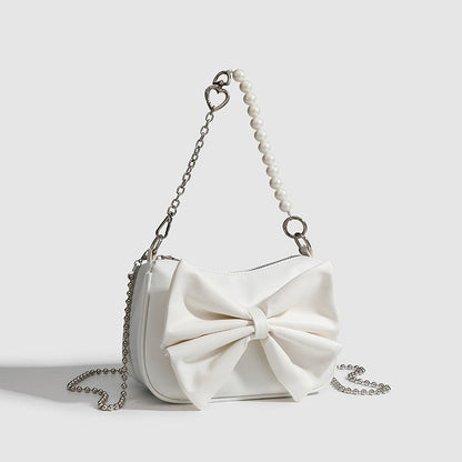 Camille - Chic Bag Adorned with a Luxurious Bow and Pearl Chain