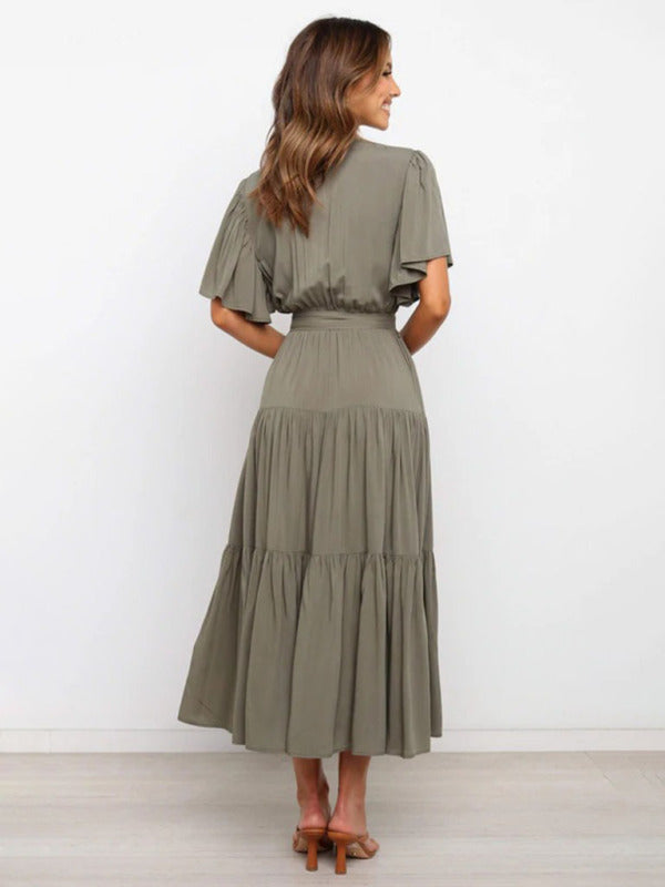 Chic Bohemian Midi Dress with V-Neck and Flowy Tiered Skirt