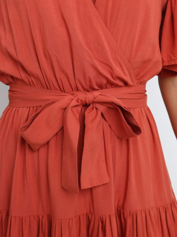 Chic Bohemian Midi Dress with V-Neck and Flowy Tiered Skirt