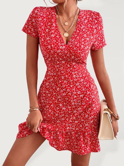 Charming Hilda Floral V-Neck Mini Dress with Playful Ruffle Hem