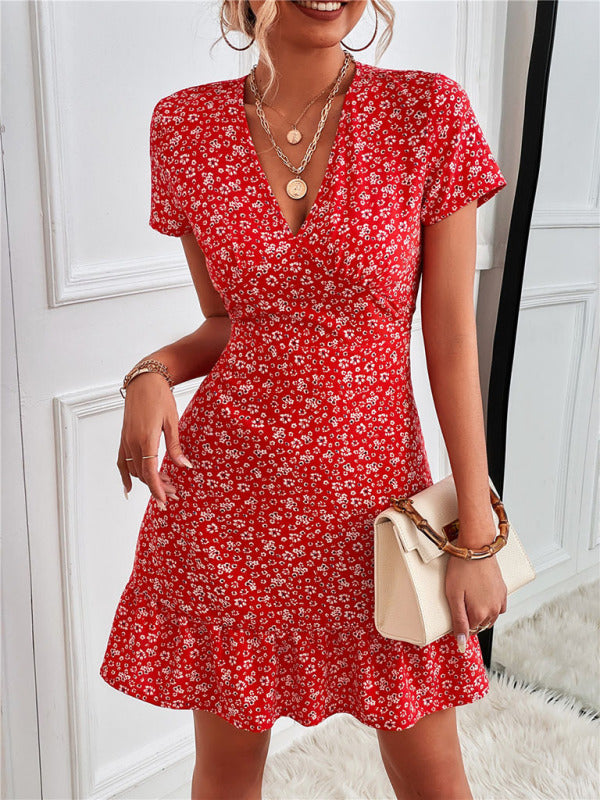 Charming Hilda Floral V-Neck Mini Dress with Playful Ruffle Hem
