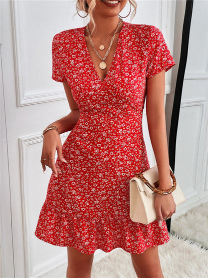 Charming Hilda Floral V-Neck Mini Dress with Playful Ruffle Hem