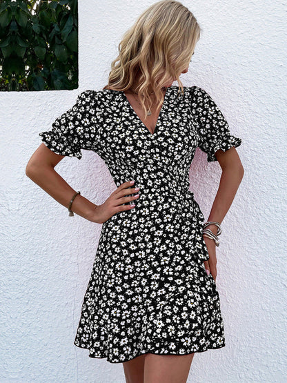 Pia - Charming Floral Wrap Mini Dress with Flirty Ruffle Sleeves and Adjustable Tie Waist