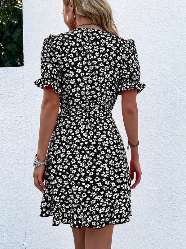 Pia - Charming Floral Wrap Mini Dress with Flirty Ruffle Sleeves and Adjustable Tie Waist