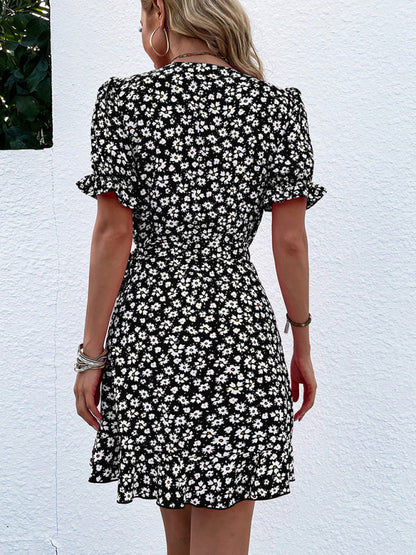 Pia - Charming Floral Wrap Mini Dress with Flirty Ruffle Sleeves and Adjustable Tie Waist