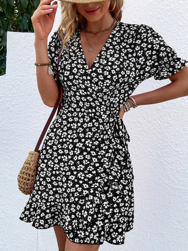 Pia - Charming Floral Wrap Mini Dress with Flirty Ruffle Sleeves and Adjustable Tie Waist