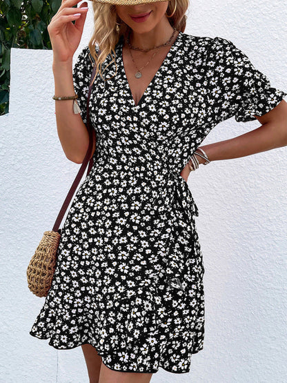 Pia - Charming Floral Wrap Mini Dress with Flirty Ruffle Sleeves and Adjustable Tie Waist