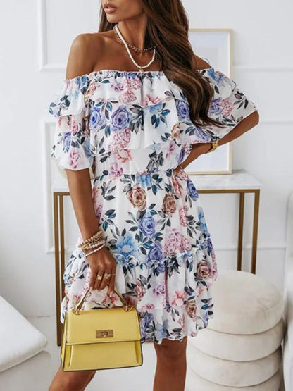 Lida - Elegant Off-Shoulder Chiffon Dress with Stunning Floral Print and Flirty Ruffled Neckline
