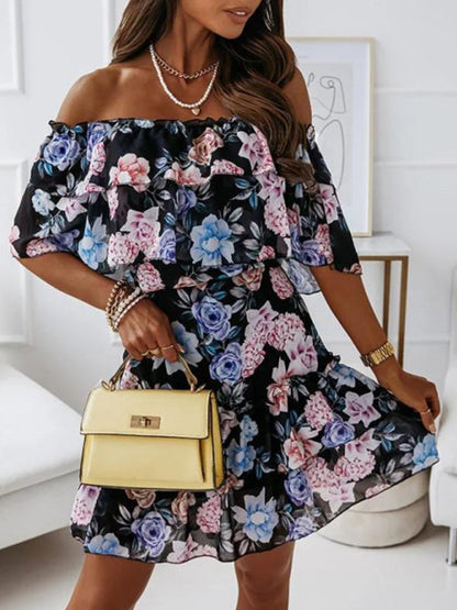 Lida - Elegant Off-Shoulder Chiffon Dress with Stunning Floral Print and Flirty Ruffled Neckline