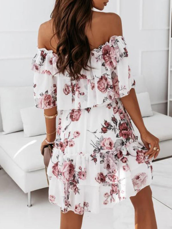 Lida - Elegant Off-Shoulder Chiffon Dress with Stunning Floral Print and Flirty Ruffled Neckline