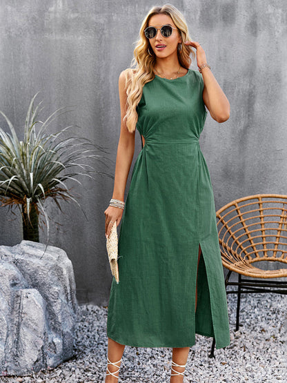 Auli - Elegant Sleeveless Maxi Dress with Stylish Front Slit and Chic Solid Print