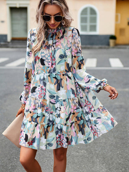 Eeva - Elegant Floral Print Long-Sleeved Dress with Beautiful Tiered Details