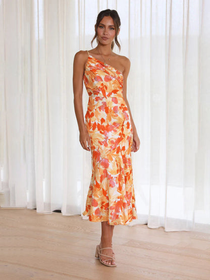 Enni - Stunning Asymmetrical Floral Midi Dress with Elegant Fishtail Hem