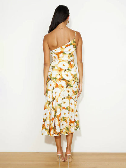 Enni - Stunning Asymmetrical Floral Midi Dress with Elegant Fishtail Hem