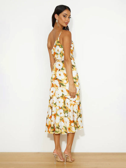 Enni - Stunning Asymmetrical Floral Midi Dress with Elegant Fishtail Hem