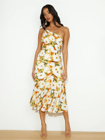 Enni - Stunning Asymmetrical Floral Midi Dress with Elegant Fishtail Hem