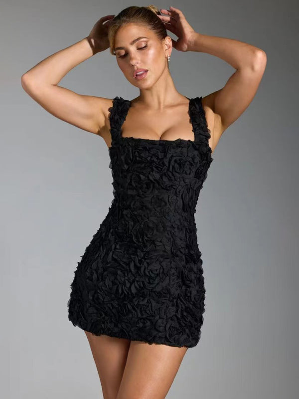 Helmi - Stunning 3D Floral Mini Dress with Chic Suspender Style