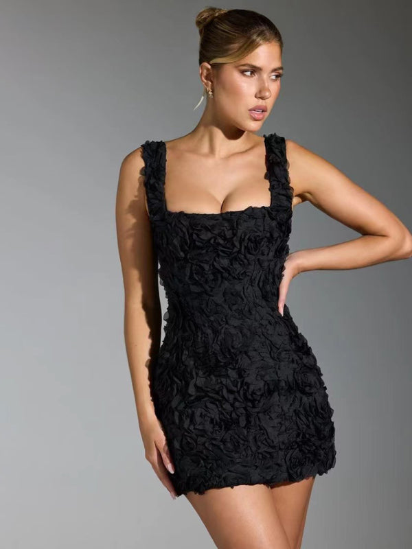 Helmi - Stunning 3D Floral Mini Dress with Chic Suspender Style