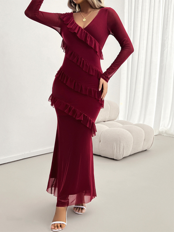Aira - Elegant V-Neck Maxi Dress with Flattering Ruffle Sleeves
