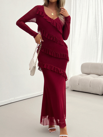 Aira - Elegant V-Neck Maxi Dress with Flattering Ruffle Sleeves