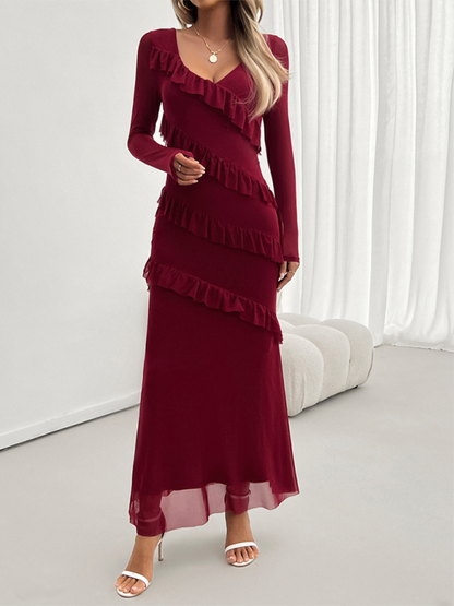 Aira - Elegant V-Neck Maxi Dress with Flattering Ruffle Sleeves