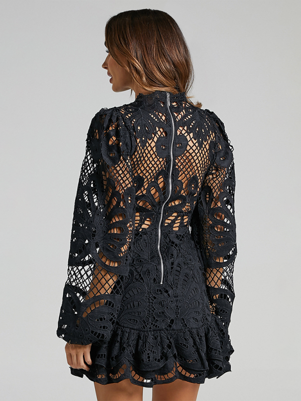 Elvi - Elegant Floral Lace A-Line Dress with Charming Ruffle Hem and Graceful Long Sleeves