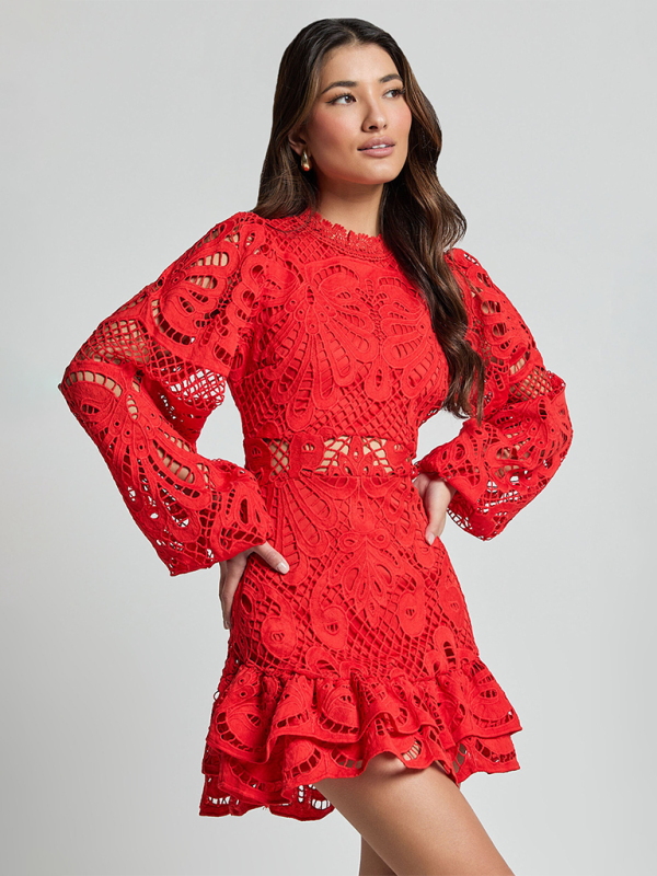Elvi - Elegant Floral Lace A-Line Dress with Charming Ruffle Hem and Graceful Long Sleeves