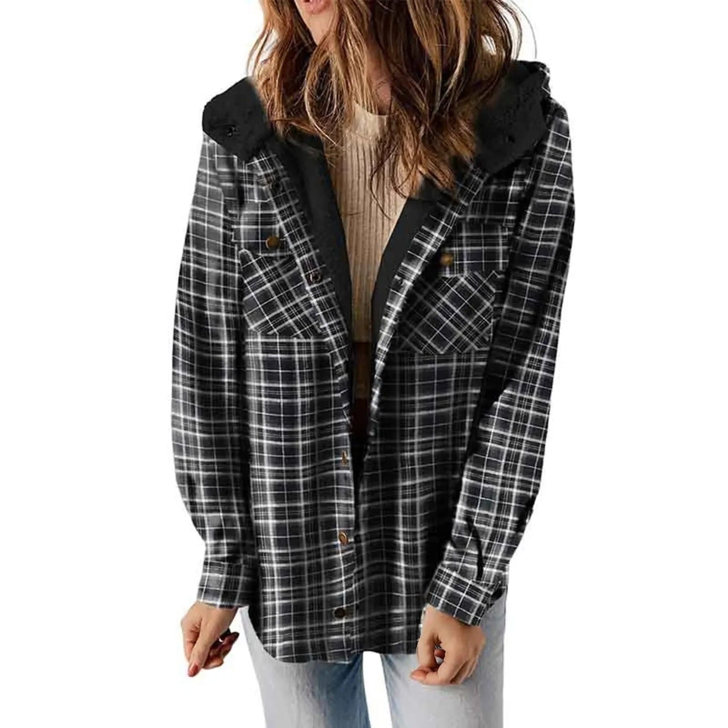 Classic Plaid Wool Hooded Jacket | Warm Buckle-Front Winter Coat