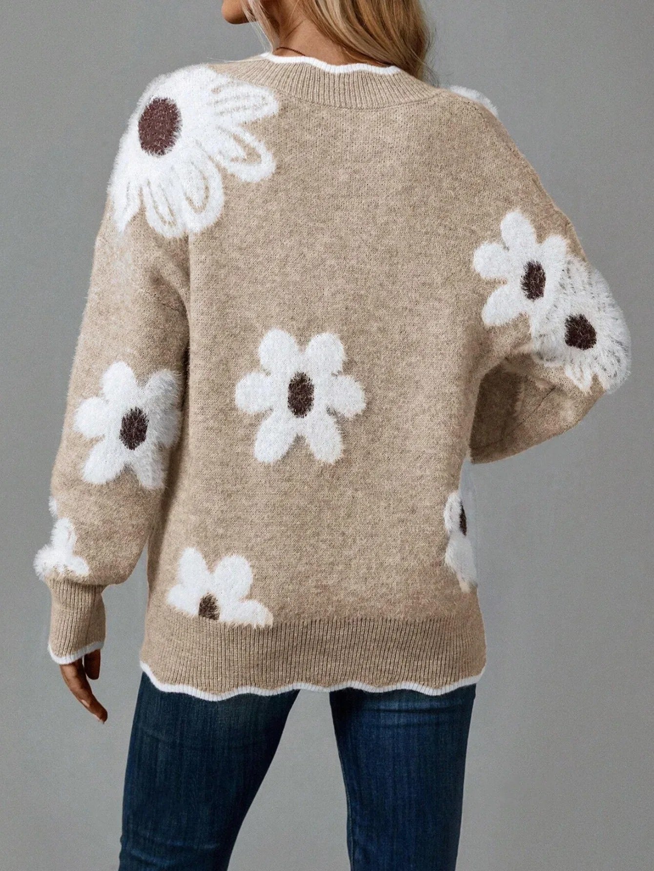 Floral Elegance Scallop Trim Sweater | Soft Knit Feminine Style