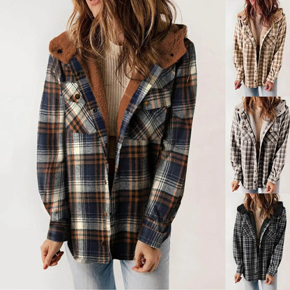 Classic Plaid Wool Hooded Jacket | Warm Buckle-Front Winter Coat