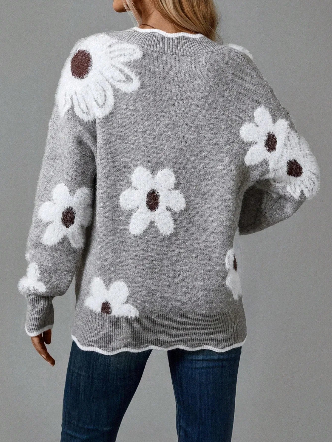 Floral Elegance Scallop Trim Sweater | Soft Knit Feminine Style
