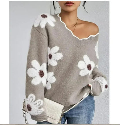 Floral Elegance Scallop Trim Sweater | Soft Knit Feminine Style