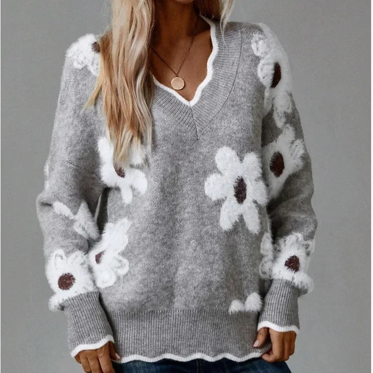 Floral Elegance Scallop Trim Sweater | Soft Knit Feminine Style