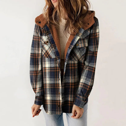 Classic Plaid Wool Hooded Jacket | Warm Buckle-Front Winter Coat