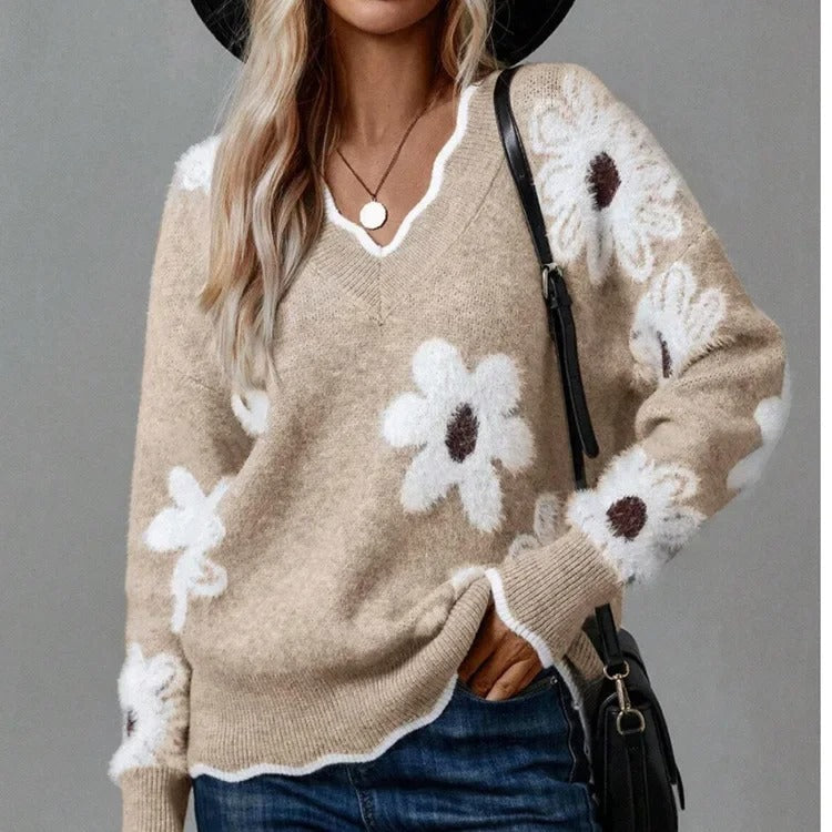 Floral Elegance Scallop Trim Sweater | Soft Knit Feminine Style