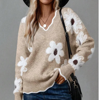Floral Elegance Scallop Trim Sweater | Soft Knit Feminine Style
