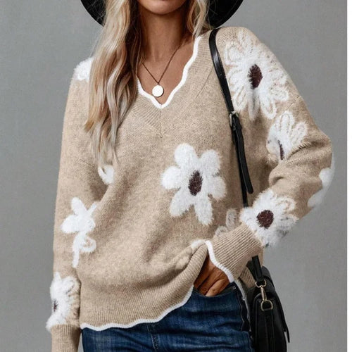 Floral Elegance Scallop Trim Sweater | Soft Knit Feminine Style