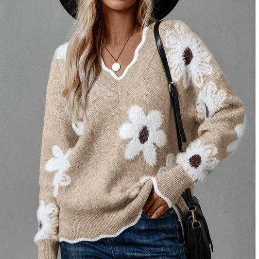 Floral Elegance Scallop Trim Sweater | Soft Knit Feminine Style