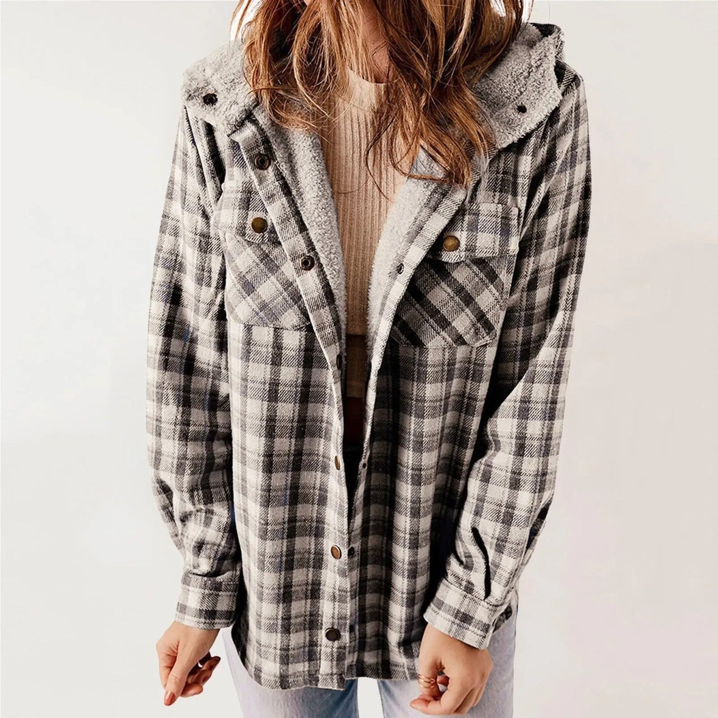 Classic Plaid Wool Hooded Jacket | Warm Buckle-Front Winter Coat