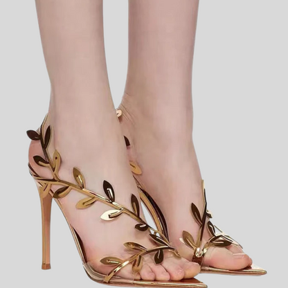 Carline | Stylish Gold Leaf High Heels for the Modern Woman