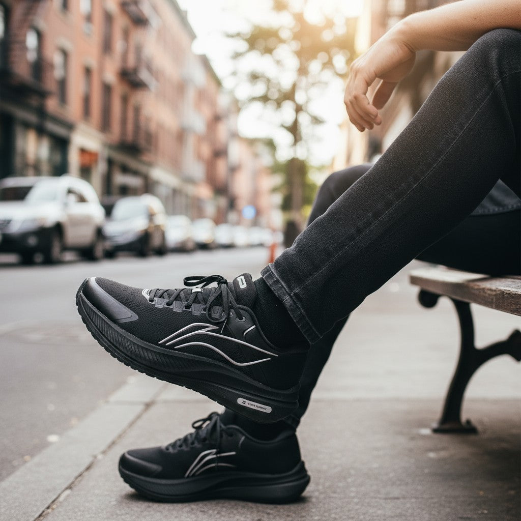 AeroStride™ Tempo Bounce Cushion Running Shoes – All-Black Reflective Performance Sneakers